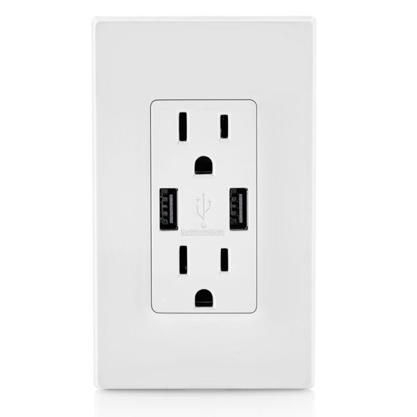 Duplex Decora Receptacle/Dual USB Ports/15AMP/White